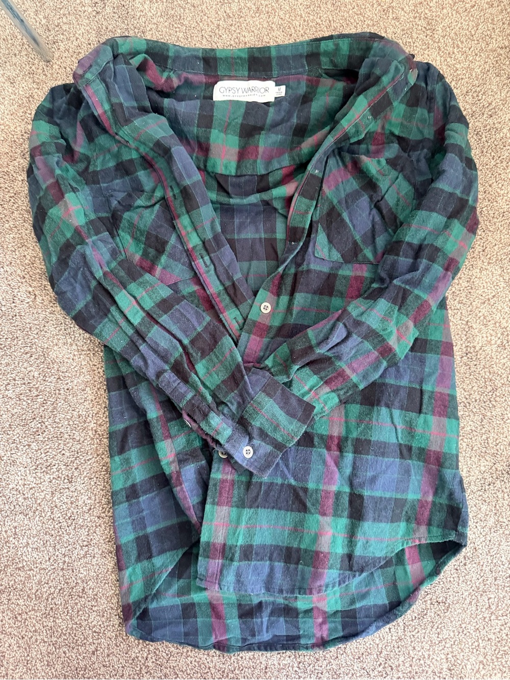 Vintage 2012 Gypsy Warrior Green & Navy Plaid Button-Up Flannel